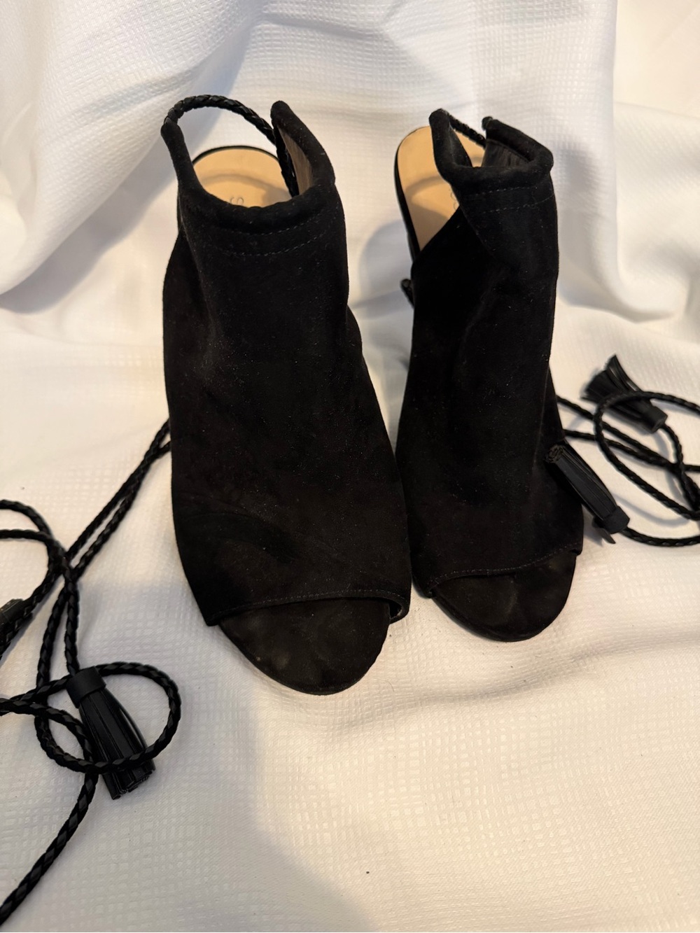 Shoe Dazzle Black Open-Toe Lace-Up Suede Heels